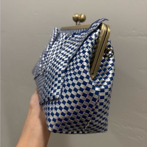 3D Abstract Art With Woven checkered Leather Handmade Oversized Kisslock Bag - Picture 15 of 17